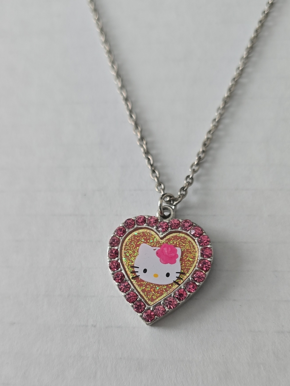 Sanrio Hello Kitty Glitter Heart Pendant Necklace Pink Rhinestone Y2K
